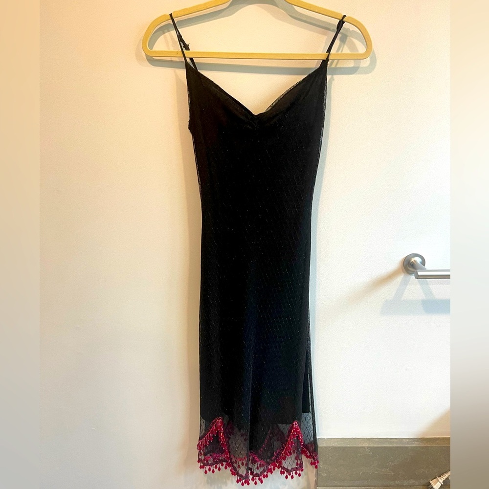 Betsey Johnson New York Vintage Dress - Blk, Sheer, Pink Beads on bottom trim.